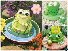 there are four pictures of different cakes in the shape of frogs and frog heads, with flowers on each one