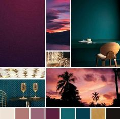 a collage of different shades of purple and teal with palm trees in the background