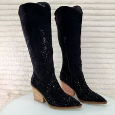 Authentic Cape Robbin Brand Boots Soft Luxurious Vegan Suede Multi Size Iridescent Rhinestone Stacked Western Cut Heels ( Approx. 2.75") Knee High Shaft With Half Inner Zipper For Easy On/Off Brand New In Box Black Crystal-embellished Boots For Night Out, Black Sparkling High Heel Boots, Elegant Black Sparkling Boots, Black Rhinestone Boots For Evening, Black Evening Boots With Rhinestones, Black High Heel Boots With Glitter, Black Party Boots With Bling, Party Black Boots With Bling, Black Sparkling Round Toe Boots