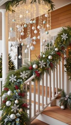 christmas decorations on the banisters and stairs