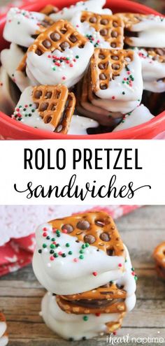 two pictures of pretzel sandwiches with white frosting and sprinkles