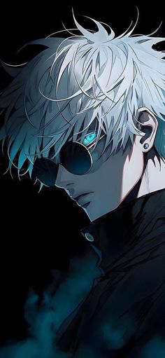 an anime character with white hair and blue eyes looking to his left, in the dark