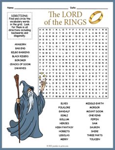 the lord of the rings crossword puzzle with wizard holding wand and ring on it