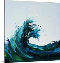 an abstract painting with blue and green waves in the ocean, on a white background