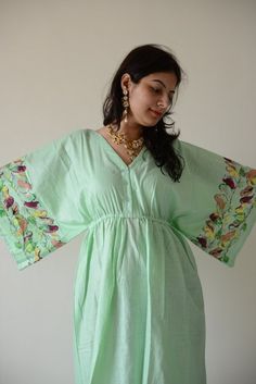 Buttoned Butterfly Sleeves Empire Waist Birds Kaftan Dress Summer Dress Long Maxi loungewear beachwe Maternity Kaftan Dress, Summer Maternity V-neck Dress, Green V-neck Tunic For Beach, Traditional Green Dress With Kimono Sleeves, Green Bohemian Holiday Dress, Green Tunic With Kimono Sleeves, Green Short Sleeve Tunic For Vacation, Bohemian Green V-neck Tunic, Green Short Sleeve Maternity Dress