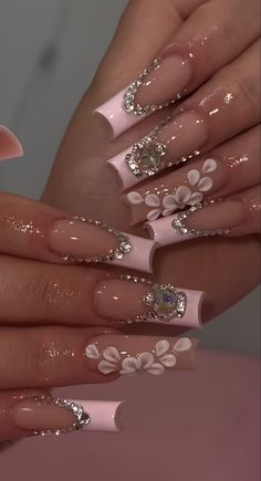 Beautiful Light Pink Nails, Cute Long Gel Nails, Nail For Quinceanera, Cute Rose Gold Quince Nails, Saturn Gem Nails, Ball Gown Nails, Nail Inspired Coffin, Pink Quinceanera Nails Long, Xv Nails Purple