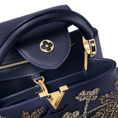 LOUIS VUITTON® - Capucines Bb - Navy Luxury Glamorous Shoulder Bag With Detachable Handle, Luxury Blue Coach Satchel, Luxury Embellished Handheld Bag, Luxury Blue Coach Shoulder Bag, Louis Vuitton Capucines Bb, Louis Vuitton Capucines, Handbags Louis Vuitton, Louis Vuitton Official, Blue Satin