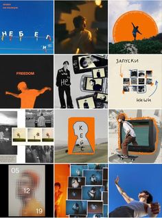 the collage shows many different images with people and words on them, including an orange background