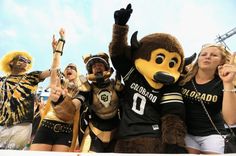 several people dressed in costume posing for a photo with the mascot at a football game