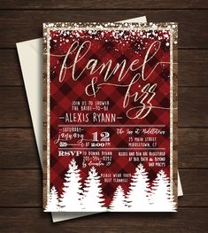 a red and white plaid christmas party card with snowflakes on the tree branches