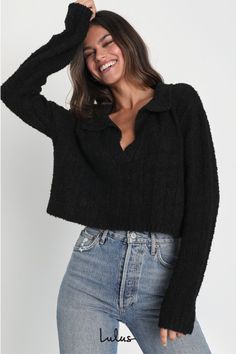 The Lulus Plush Comfort Black Long Sleeve Collared Cropped Sweater Top will keep you warm and adorable all day long! Soft sweater knit shapes this comfy-as-can-be sweater that has a collared, henley-inspired neckline and long sleeves with drop shoulders. The relaxed, boxy bodice ends at a cropped hem, perfect for pairing with your fave high-waisted bottoms! Fit: This garment fits true to size. Length: Size medium measures 18" from shoulder to hem. Bust: Great for any cup size. Waist: Not Fitted Winter Crop Top Outfits, Collar Shirt Under Sweater, Long Sleeve Black Crop Top, Crop Sweaters, Black Collared Shirt, Black Long Sleeve Crop Top, Casual Formal Dresses, Lulu Fashion, Flattering Tops