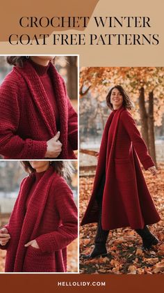 the crochet winter coat free pattern is shown in three different pictures, including an open