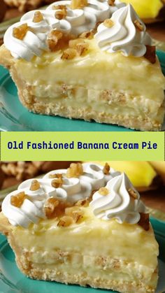 two pictures of an old fashioned banana cream pie