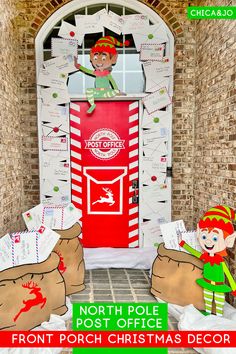 the front door to north pole post office is decorated with christmas decorations and elfs