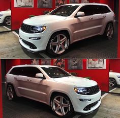 two pictures of the front and side view of a white jeep parked in a garage