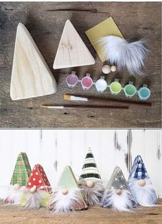 several different types of crafting supplies on a wooden table and in front of them