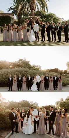 the bride and grooms are posing for pictures in front of their wedding party at sunset