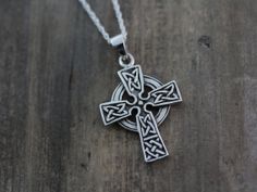 Celtic cross necklace,  sterling silver Celtic Trinity Knots cross, Choose Your chain, mens Celtic Cross . Silver Cross on Leather. 2168 Celtic Signs, Celtic Cross Necklace, Celtic Trinity Knot, Sterling Silver Cross Necklace, Angel Wing Earrings, Gold Chains For Men, Celtic Cross, Wing Earrings, Necklace Sterling Silver