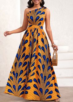 ROTITA Asymmetry Feathers Print Orange One Shoulder Sleeveless Maxi Dress Blue Sleeveless Dress With Side Zipper, Blue Summer Dress With Side Zipper, Sleeveless Maxi Dress With Back Zipper, Sleeveless Summer Dress With Side Zipper, Sleeveless Maxi Dress With Back Zipper For Summer, Sleeveless Summer Maxi Dress With Back Zipper, Elegant Dresses Plus Size, Nigerian Dress, Geometric Clothing