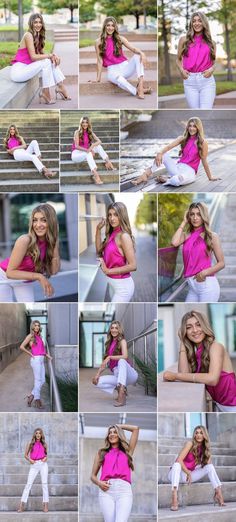 a woman in white pants and pink shirt posing on steps