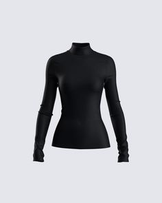 This timeless black mock-neck top is the perfect closet essential 👏 Cute, versatile, and pairable with anything - this top is made from jersey fabric, complete with long sleeves, a fitted style, regular length, and a pull-on style 🖤 Black Long Sleeve Top With Thumbholes For Layering, Solid Turtleneck Long Sleeve Top For Work, Solid Color Turtleneck Long Sleeve Top For Work, Black Long Sleeve Top With Thumbholes For Fall, Black High Neck Turtleneck For Work, Sleek High Neck Turtleneck For Layering, Sleek Black Long Sleeve Turtleneck, Fitted High Neck Turtleneck, Versatile Long Sleeve Mock Neck Top For Work