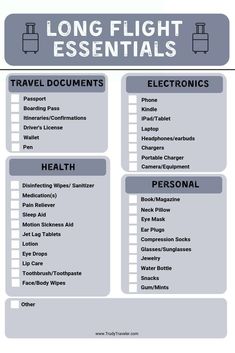 a travel document with the words long flight essentials