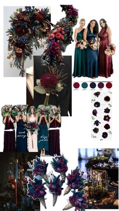 a collage of photos with flowers and other things in them, including the bridesmaid's bouquets