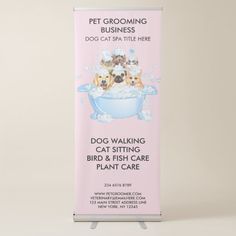 a pink banner with two dogs in a bathtub on top of the sign is an advertisement for pet grooming business