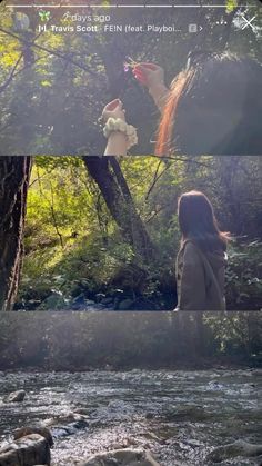 a woman standing next to a river in the forest