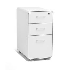 a white filing cabinet with three drawers