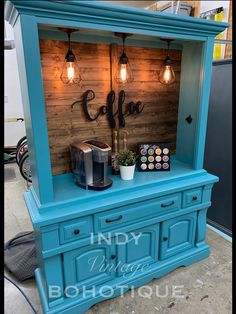 an old dresser turned into a coffee bar