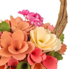 an arrangement of flowers in a basket on a white background with some branches and twigs