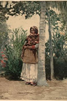 a painting of a woman standing next to a tree with her arms wrapped around the trunk