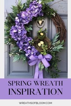 a wreath with purple flowers and greenery on the front door is featured in this post