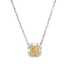 Canary Fancy Yellow Diamond Invisible set Pendant Necklace.Metal: 18K Two -Tone Gold 4 Cushion-Cut Canary Fancy Yellow Diamonds: 0.96ct twBrilliant Round: 8 Round Brilliant 0.30ct tw, 4 Baguette 0.35ct twWidth: 11mm X 11mm Yellow Diamond Pendant, Canary Yellow Diamonds, Necklace Guide, Yellow Diamond Necklace, Round Round, White Gold Pendant Necklace, Diamond Initial Necklace, Oval Cut Engagement Ring, Yellow Diamonds