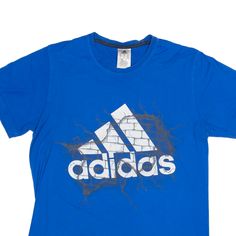 Item is in good used condition. >Size: M >Armpit To Armpit: 19" >Armpit To Cuff: 3" >Collar To Hem: 28" Blue T-shirt With Three Stripes Branding For Streetwear, Blue T-shirt With Letter Print For Workout, Blue Letter Print T-shirt For Workout, Blue Workout T-shirt With Letter Print, Athletic Fit T-shirt With Three Stripes For Gym, Blue Athletic Fit Crew Neck T-shirt, Blue T-shirt For Gym And Sports Season, Blue Crew Neck T-shirt For Gym, Blue T-shirt For Gym During Sports Season