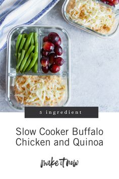 two plastic containers filled with food and the words slow cooker buffalo chicken and quinoa