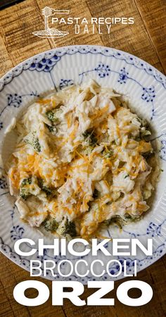 chicken broccoli orzo on a white and blue plate with text overlay