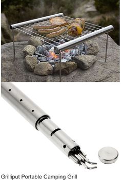 an image of a bbq grill with tongs on the side and rocks in front