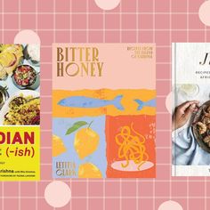 three books are shown on a pink and white checkered tablecloth with polka dots