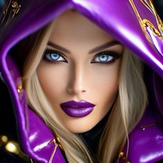 a woman with blue eyes and purple hood