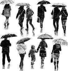 people walking in the rain with umbrellas on a rainy day, black and white drawing