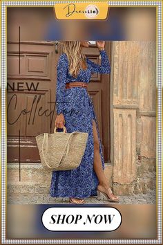 Bohemia Style V Neck Long Sleeve Beach Maxi Dress Boho Long Dress, Boho Dresses Long, Bohemia Style, Beach Maxi Dress, Long Dress Casual, Dresses By Length, Dress Robes, Maxi Dress With Sleeves, Leaf Print