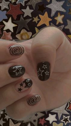 . . . . . . . . . . . . . . #nailart  #nailartideas #nailsgrunge #art #cat #blackcat #grunge #stars #spiral #alternative #cute Nail Shapes And Names, Grunge Nails Short Almond, Grunge Nails Acrylic 90s Almond, Grunge Nails Natural, Simple Cool Nail Designs, Short Nail Designs Alt, Simple Grunge Nail Designs, Xmas Nails Short Simple, Simple Nails Short Black