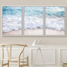 two pictures of the ocean with waves coming in and out of them, hanging on a wall