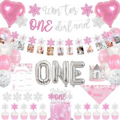 a pink and white birthday party with balloons, cupcakes, cake and decorations