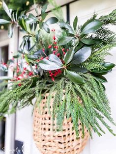 a basket filled with greenery and red berries hanging from the side of a building