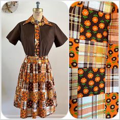 "For your consideration Vintage holiday shirtdress with matching belt & autumnal plaid patchwork print (just a print - not quilted). Big collar, button bodice, snap waist and skirt. Unlined. No pockets. 100% cotton. Union Made in USA. The RN number indicates this issued by \"Patti Greene Inc NYC\". Marked size 12 - fits like modern S/M Pre owned, shows light general wear. Overall great dress. Seems hardly worn and feels crisp. The belt has some creasing. The left side seam has a gap at the waist Retro Patchwork Dress For Fall, Hostess Dresses, Big Collar, Show Lights, Union Made, Vintage Holiday, Fall Dresses, Fall Pumpkins, Holiday Parties