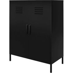 a black cabinet with two doors on one side and an open door on the other