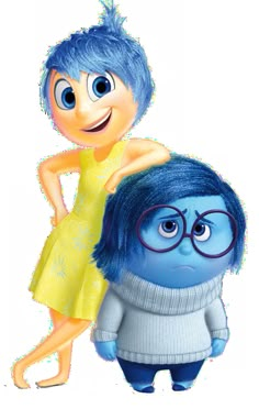 an animated character with blue hair, glasses and a yellow dress is standing next to another character